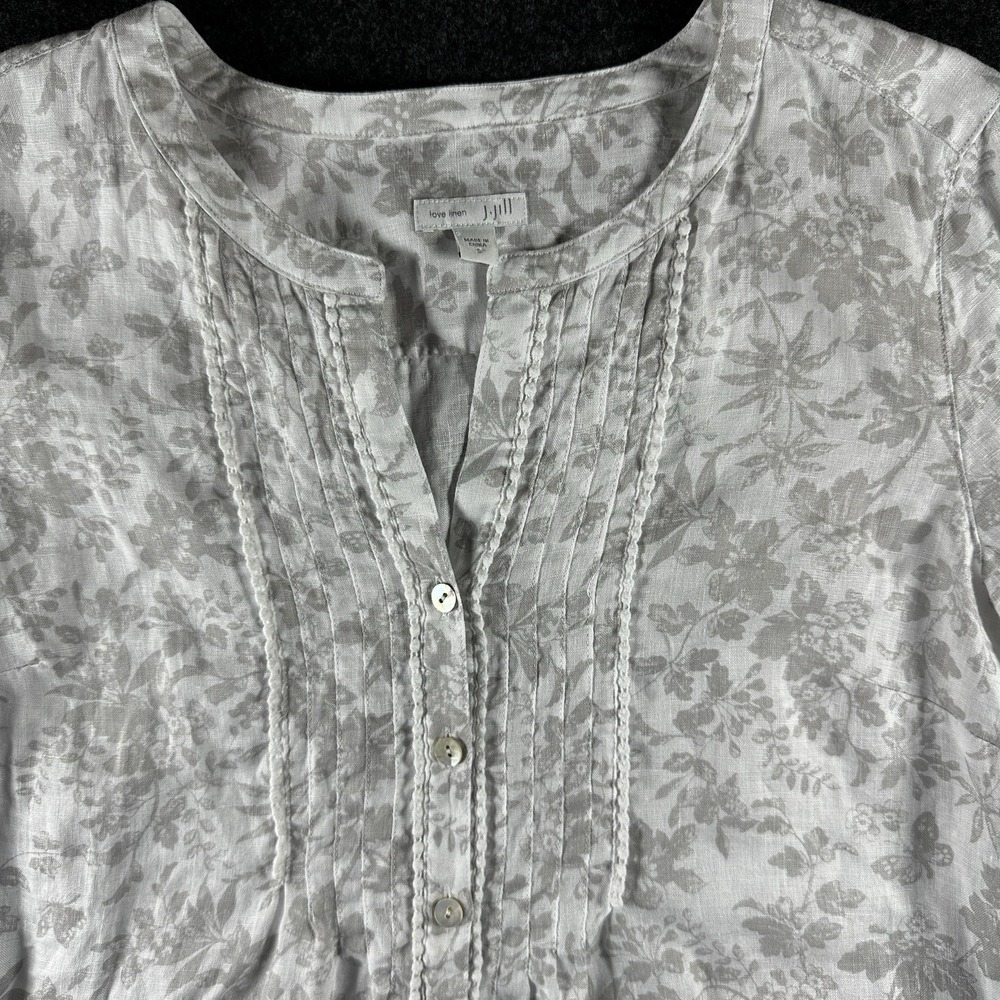 J Jill Love Linen Button Long Sleeve Blouse Butterfly Floral Top White Beige - Picture 1 of 7